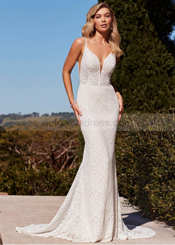 Spaghetti Straps Ivory Full Lace Bohemian Wedding Dress